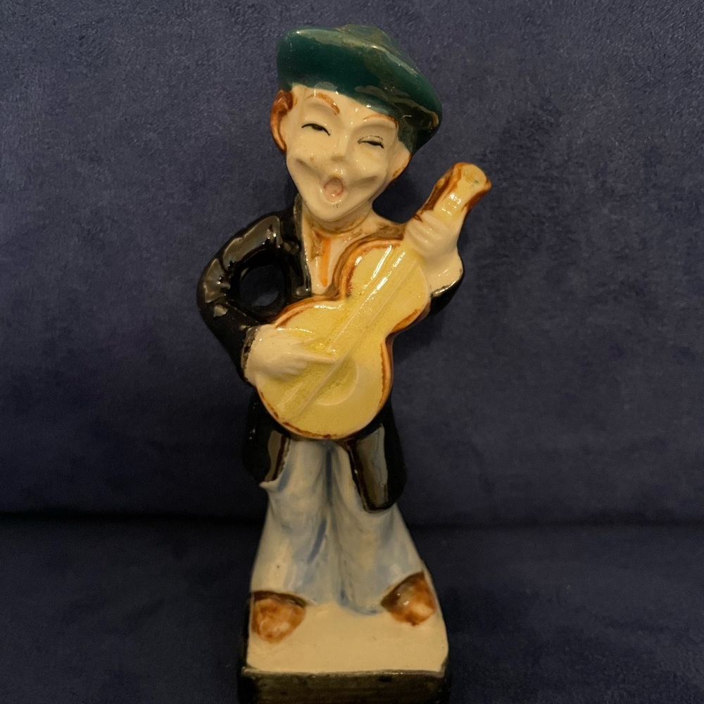 Occupied Japan Vintage Ceramic Figure Boy Playing Guitar 5” Tall
